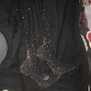 Knee high swarovski jeweled mesh stocking heels